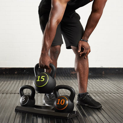 3-Piece Kettlebell Weight Set – 5lb, 10lb, 15lb with Compact Storage Stand, Durable Kettle Bells for Strength Training & Cardio Workouts at Home Gym
