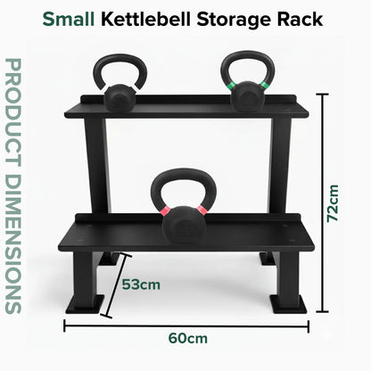 Small kettlebell storage rack with dimensions on a white background