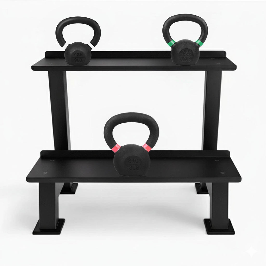 Black rack with three kettlebells on a white background