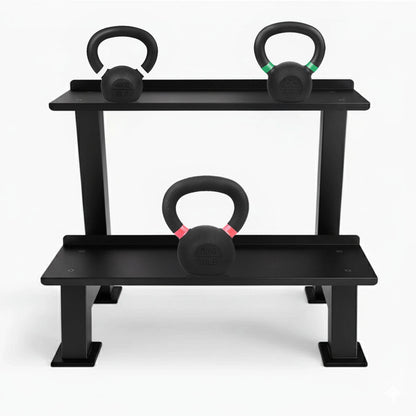 Black rack with three kettlebells on a white background
