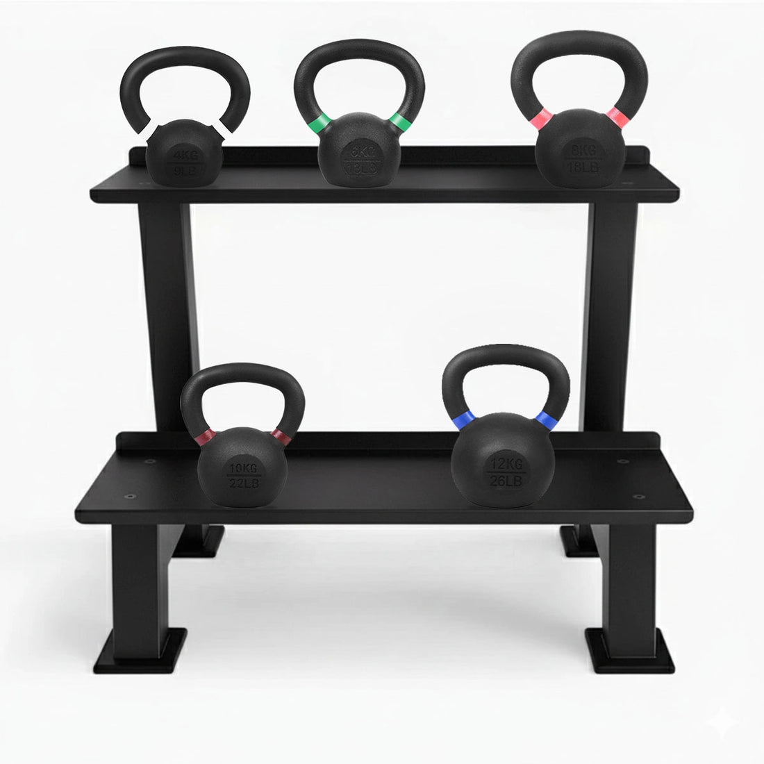 Black kettlebell rack with five kettlebells on a white background
