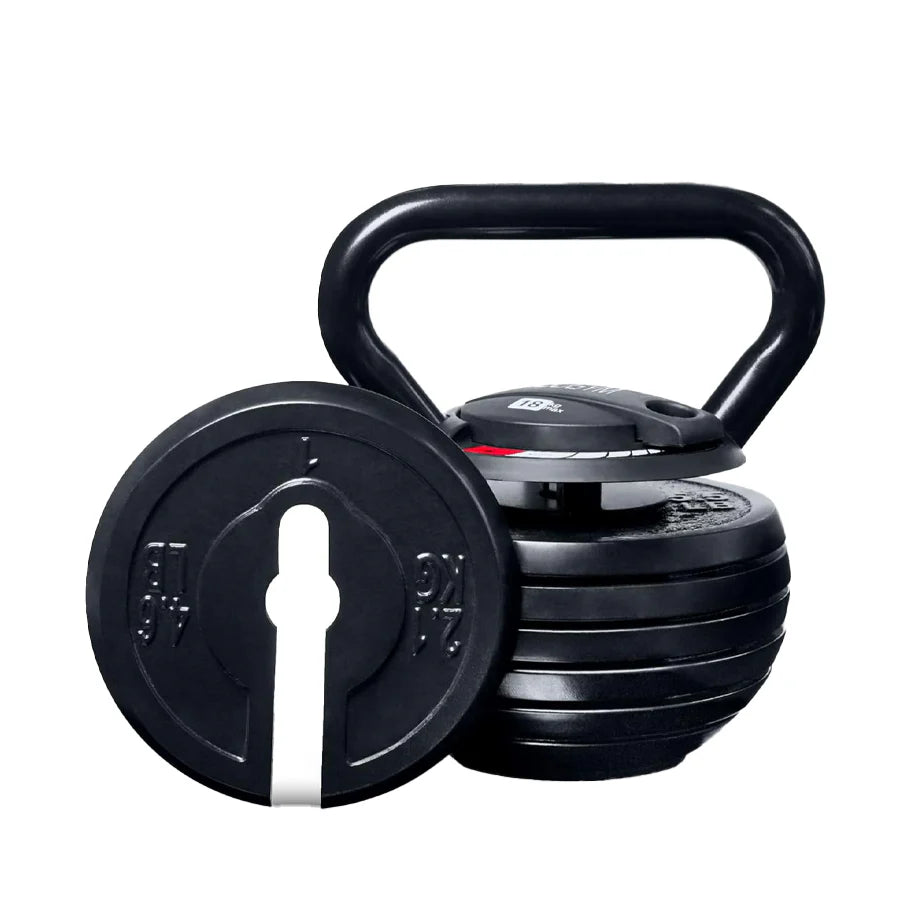Black kettlebell with weight plates on a white background