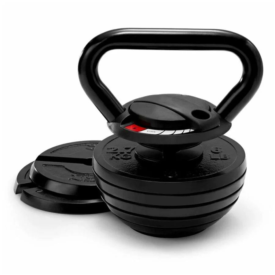 Black cast iron kettlebell with weight markings on a white background