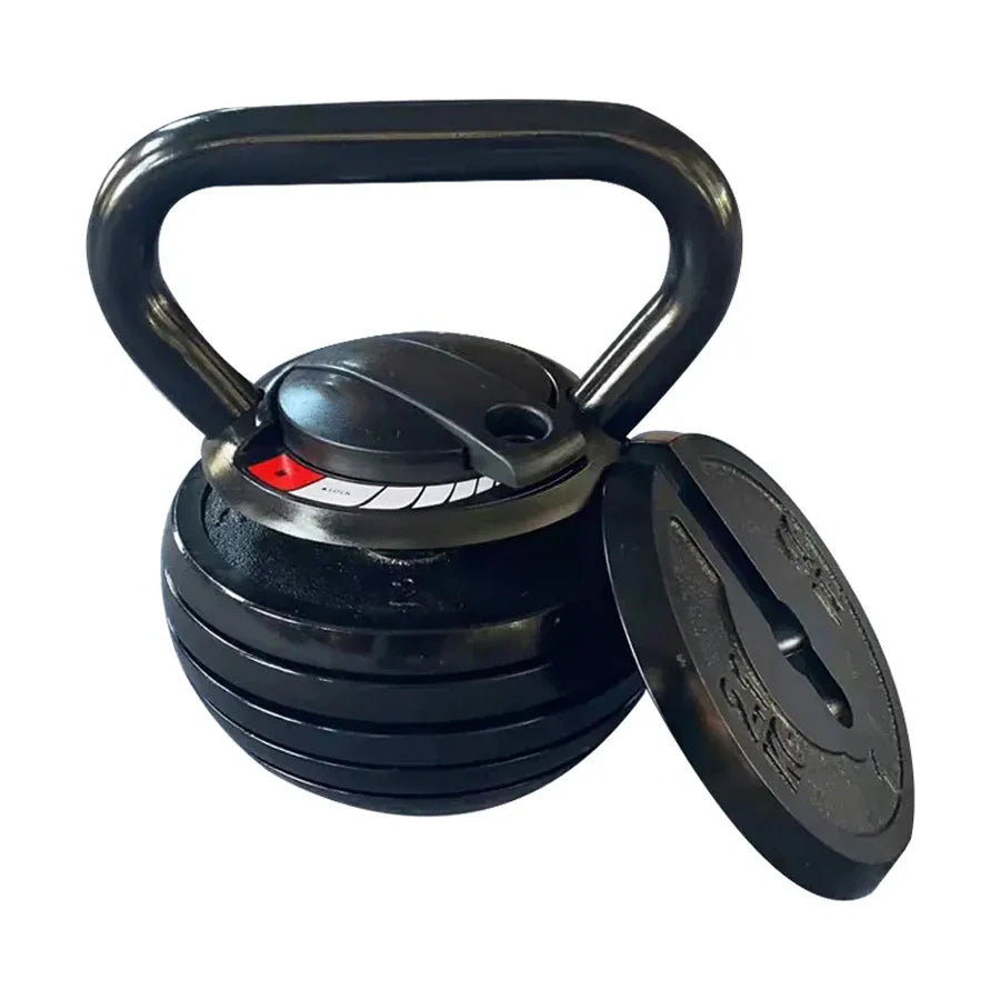 Black adjustable dumbbell with weight plates on a white background