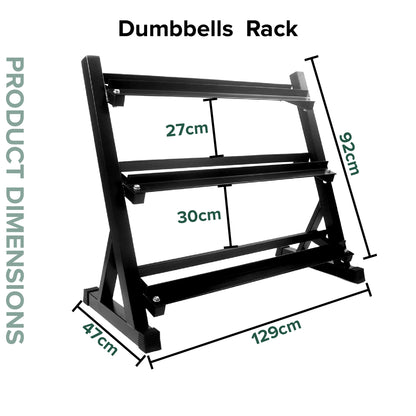 L3 rack included with the 12-pair hex dumbbell set: overall dimensions, front and side