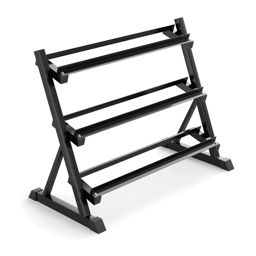 Black metal Hex Dumbbells rack on a white background
