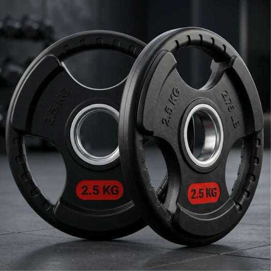 Two black 2.5 kg weight plate discs with red weight labels and a silver metal center sleeve, standing upright on a dark gym floor.