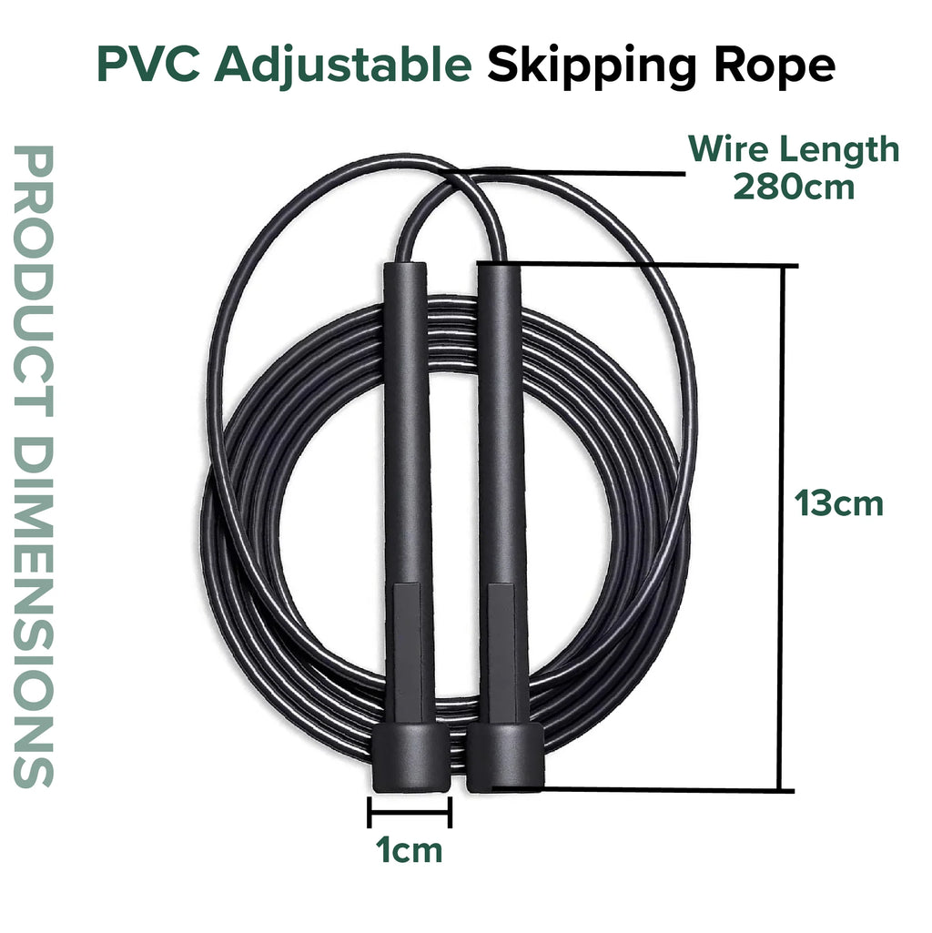 PVC adjustable skipping rope with dimensions on a white background