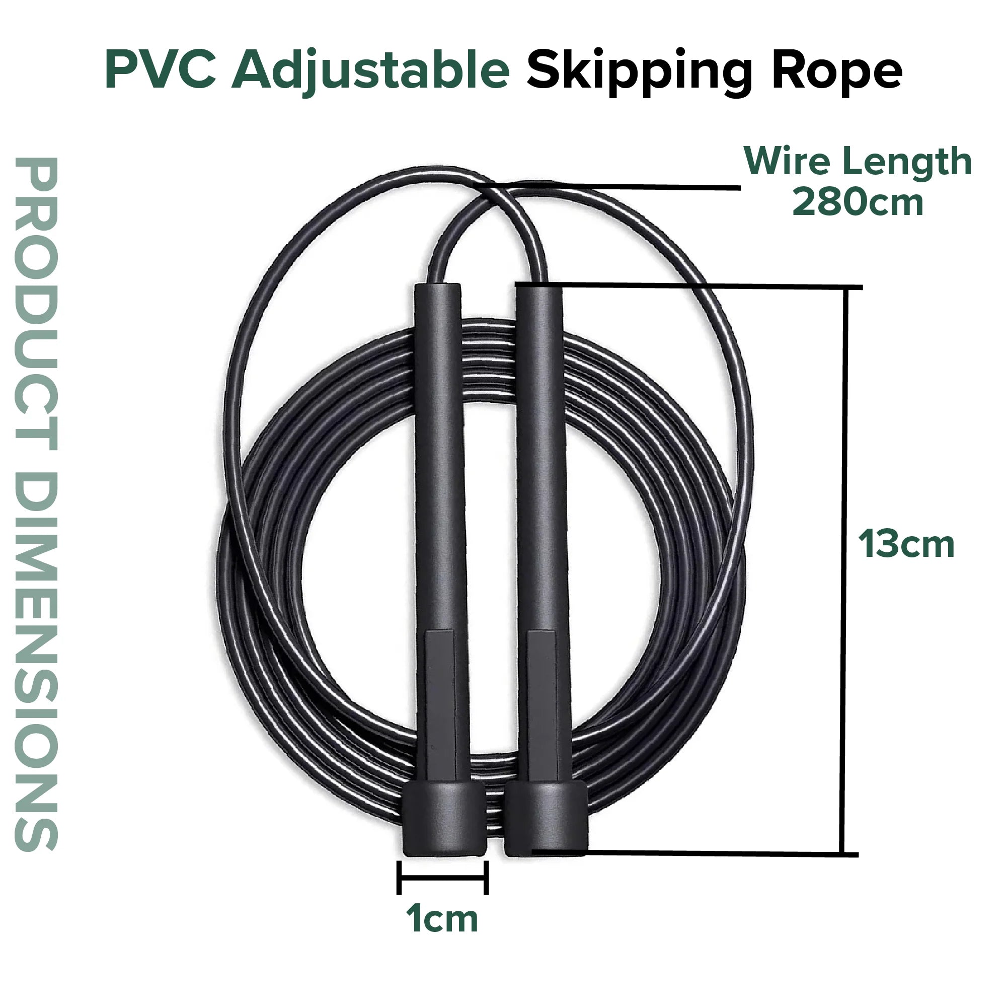 PVC adjustable skipping rope with dimensions on a white background