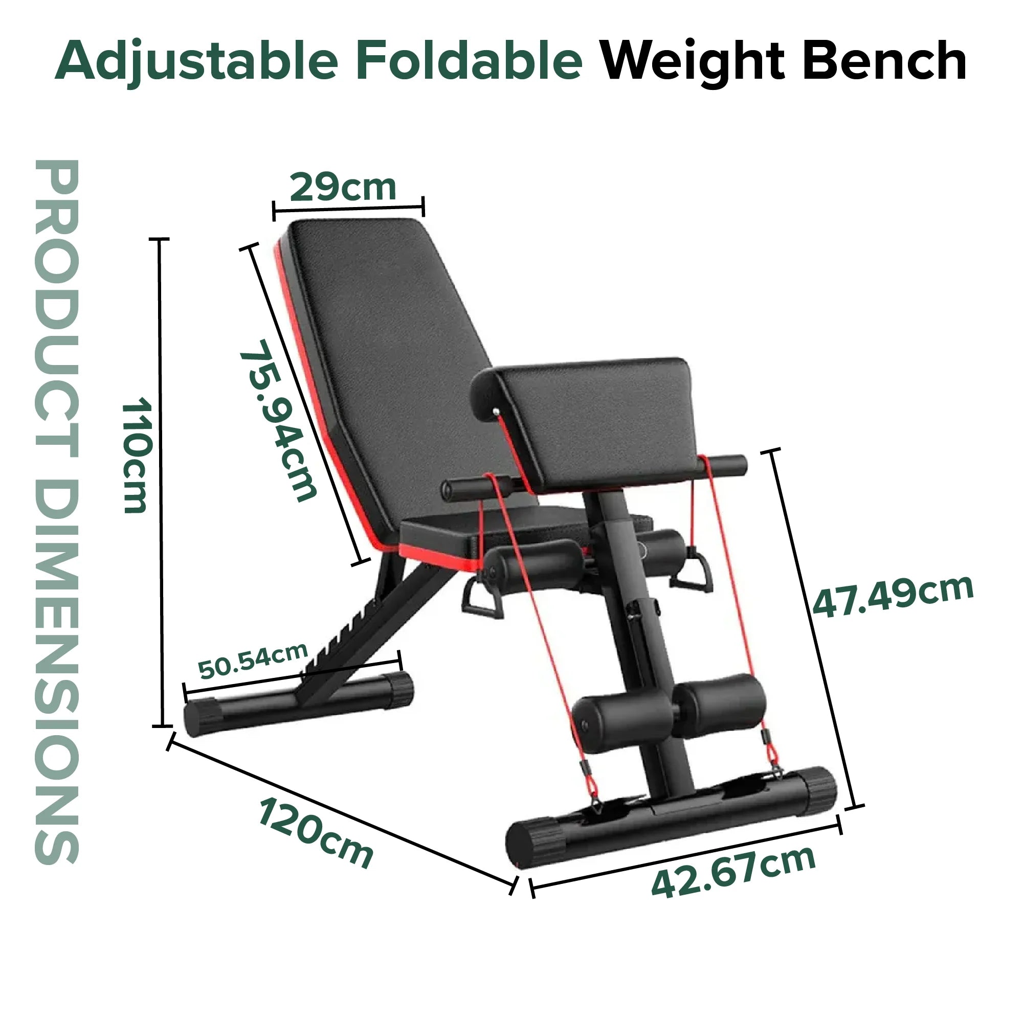 Adjustable foldable weight bench with dimensions on a white background