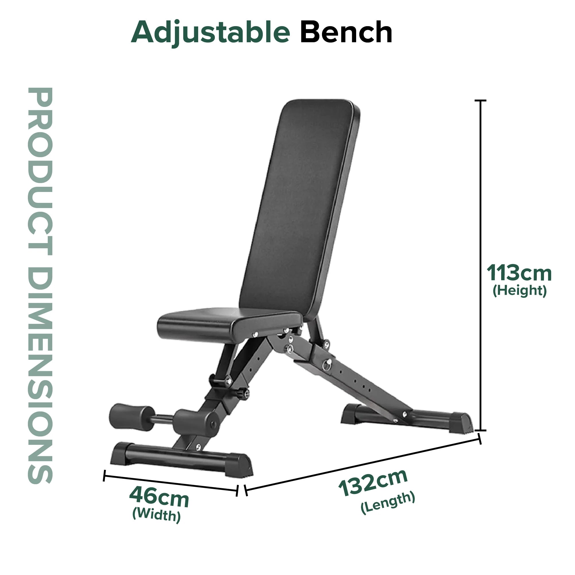 Adjustable bench with dimensions on a white background