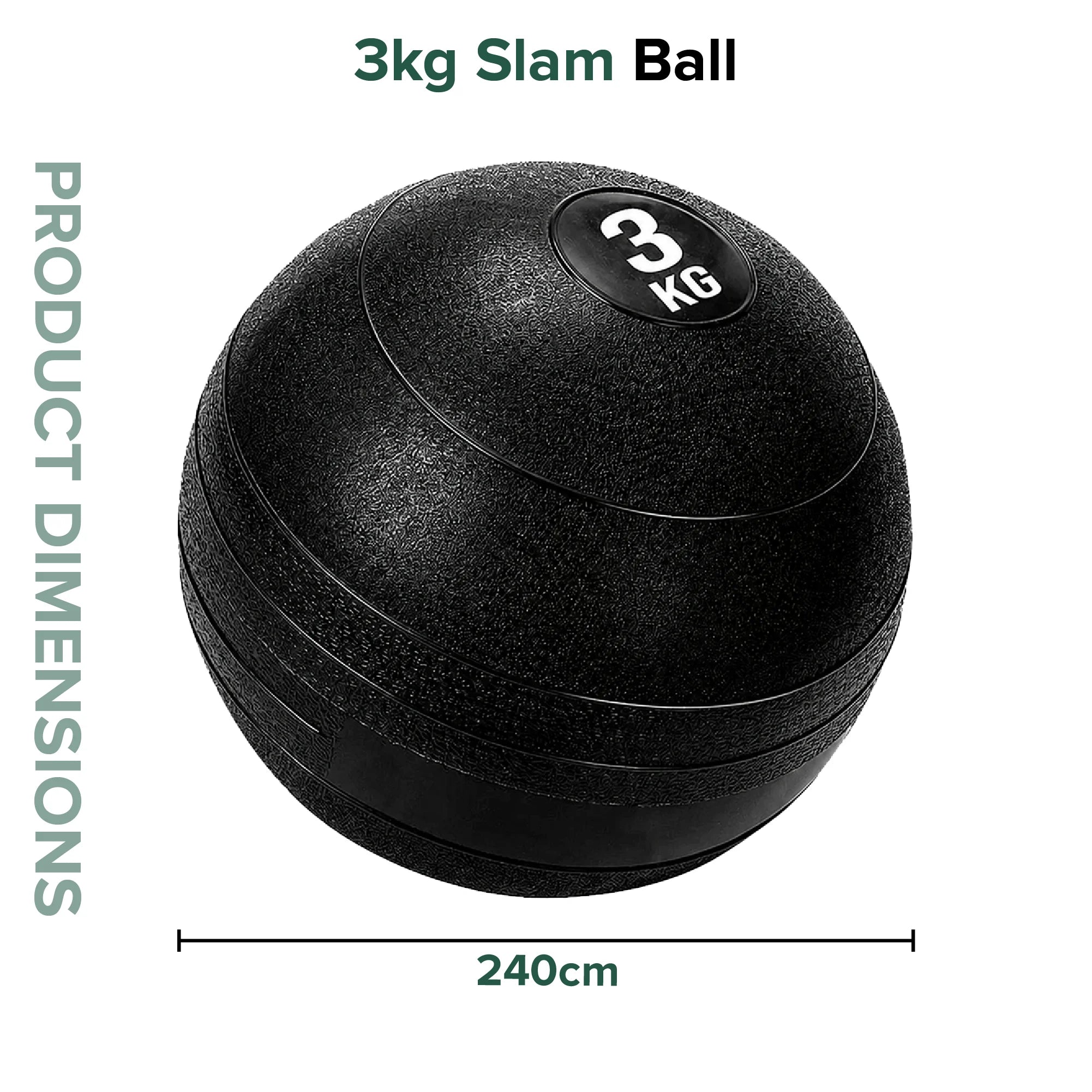 Black slam ball with '3 kg' label and dimensions on a white background