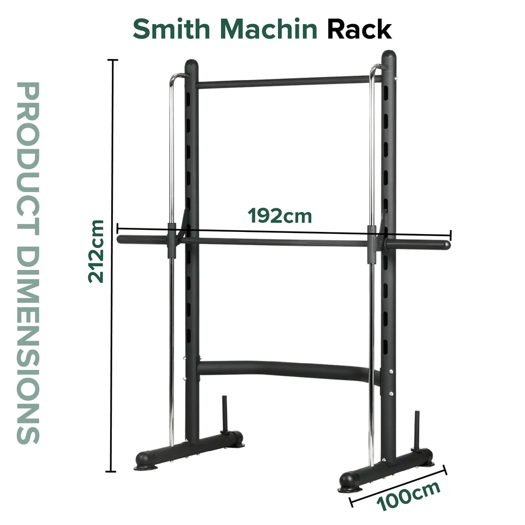 Smith Machine Rack with dimensions on a white background