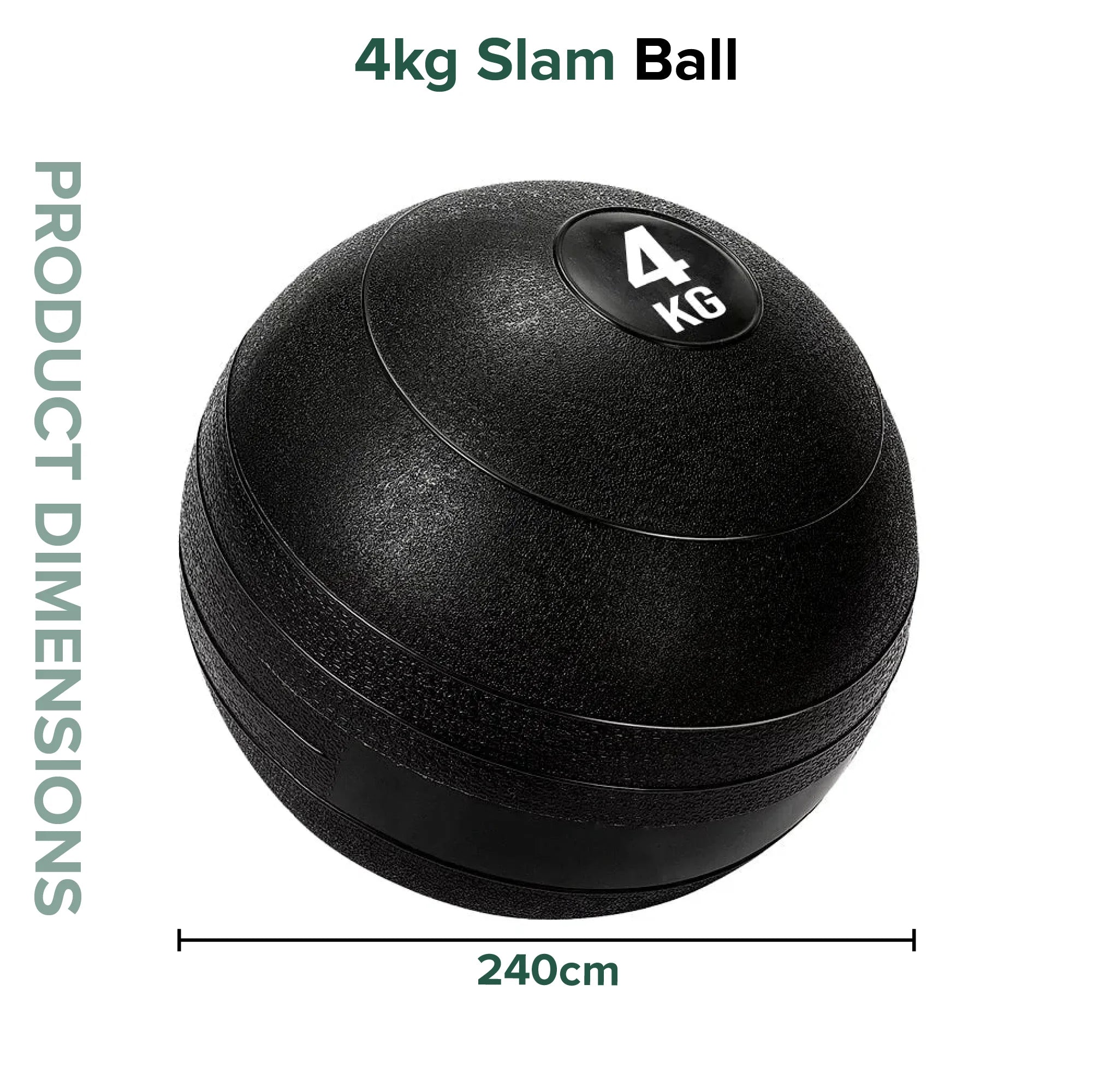Black slam ball with '4kg' label and dimensions on a white background