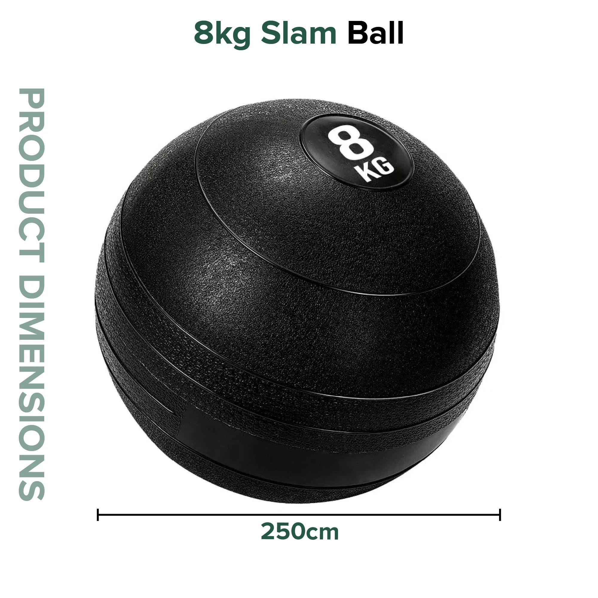 Black slam ball with '8kg' marking and dimensions on a white background