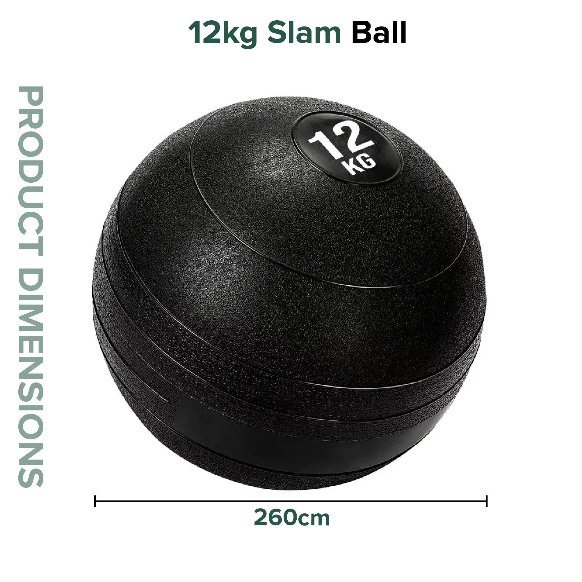 12kg slam ball with dimensions on a white background