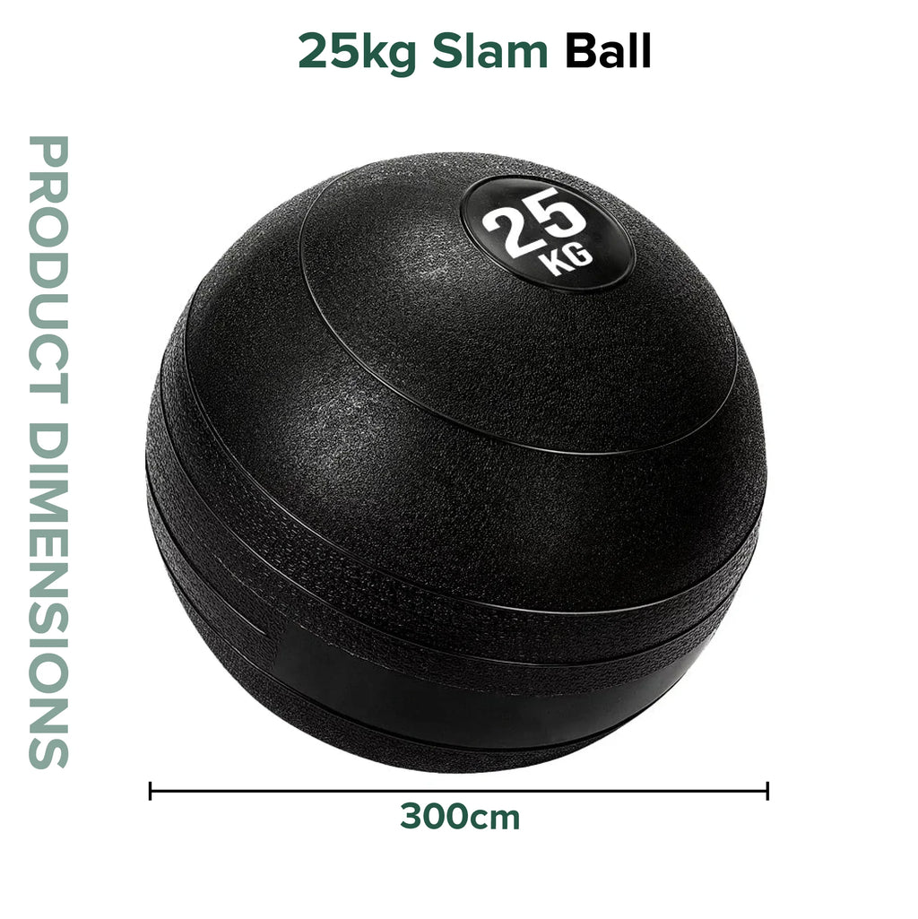 Black slam ball with '25kg' marking and dimensions on a white background