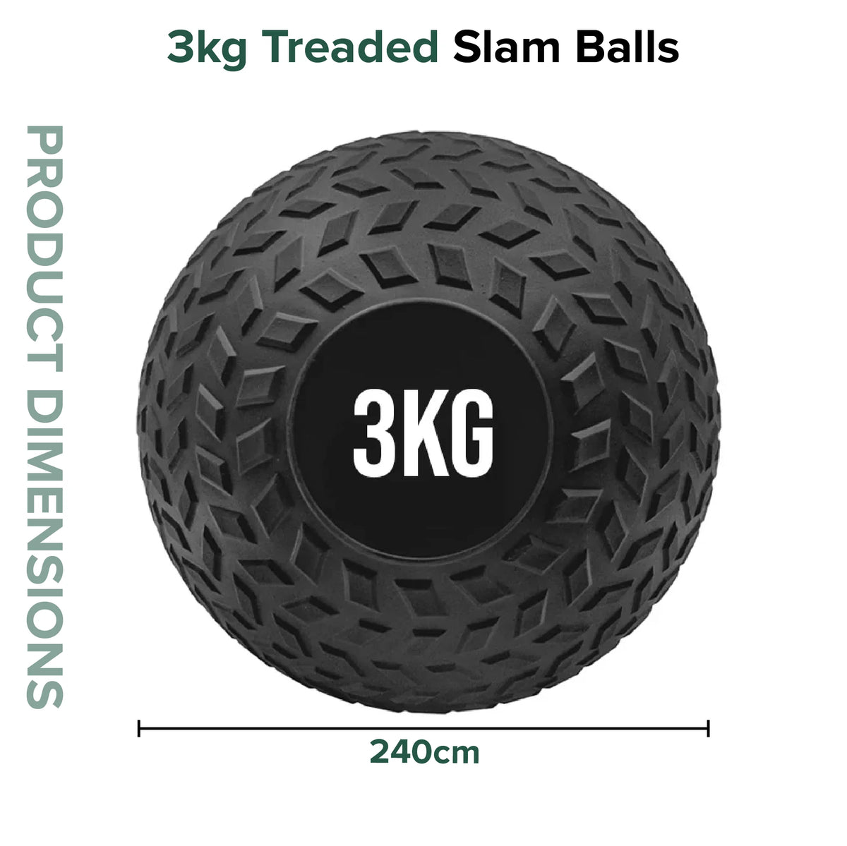 3kg treted slam ball with dimensions on a white background