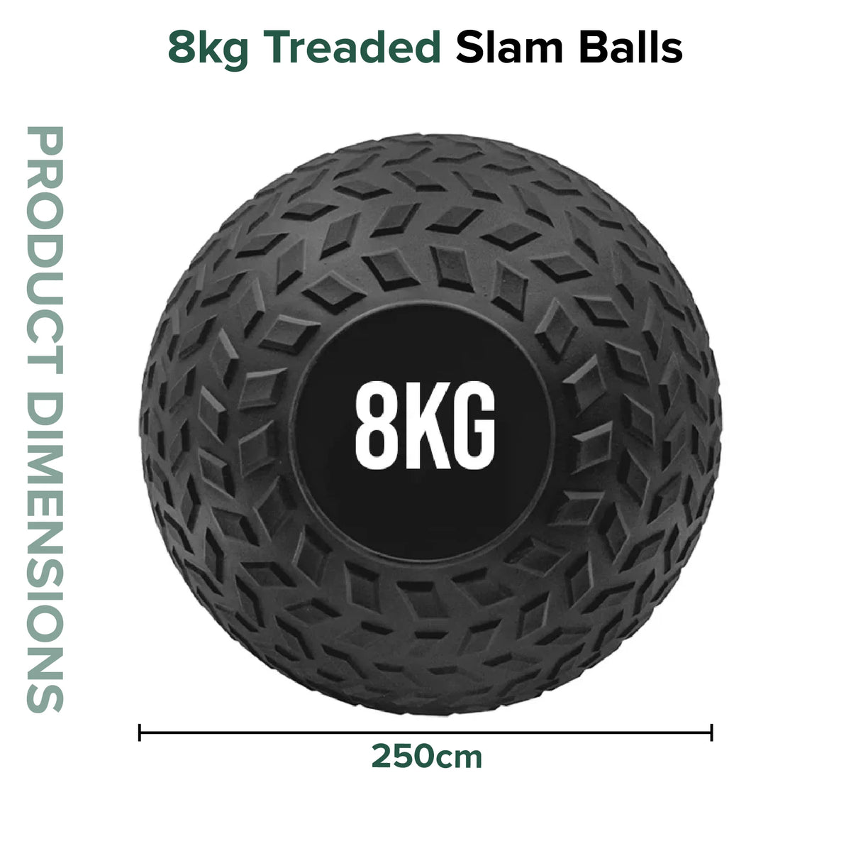 8kg treted slam ball with dimensions on a white background