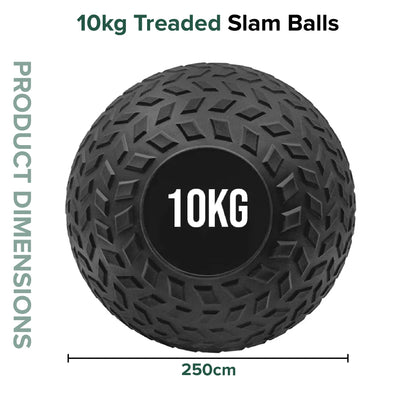 10kg treted slam ball with dimensions on a white background
