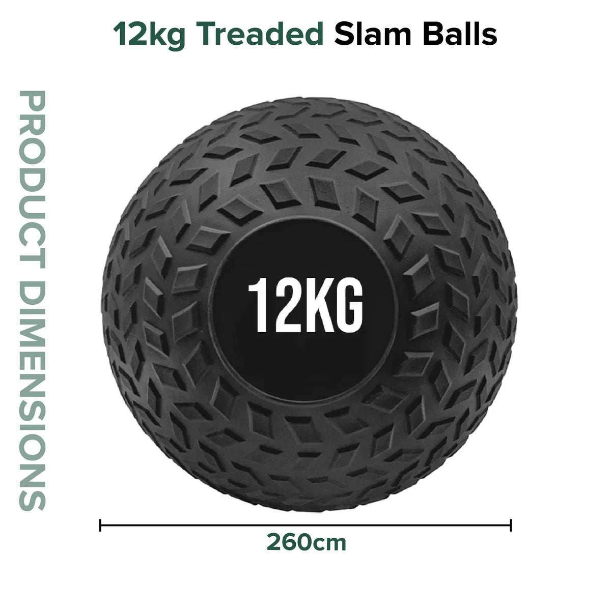 12kg treaded slam ball with dimensions on a white background