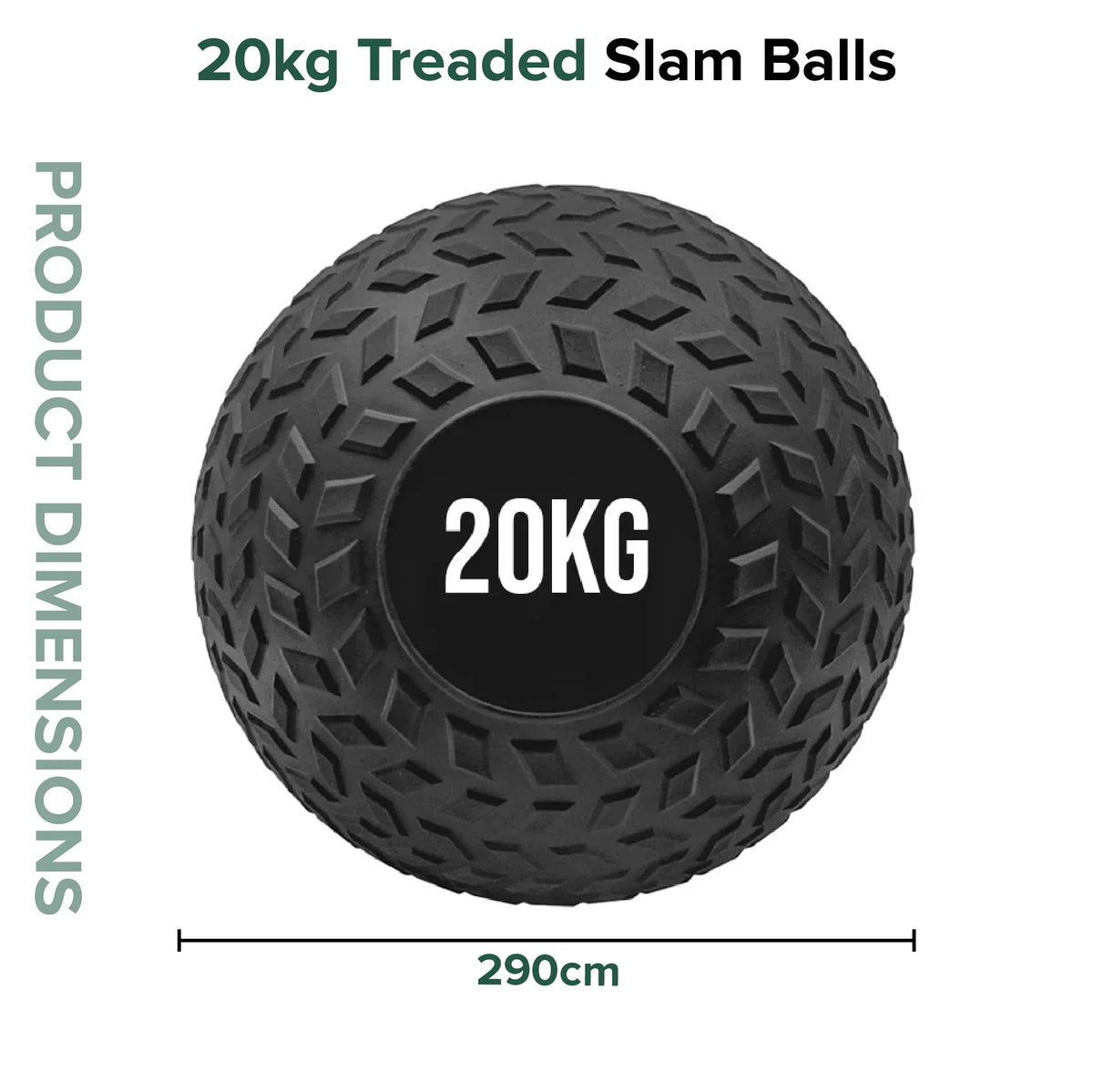 Black treted slam ball with '20KG' marking on a white background