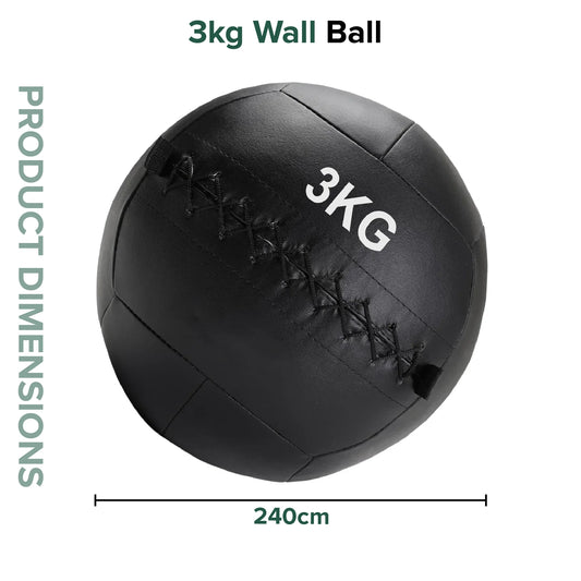 Black wall ball with '3KG' marking and dimensions on a white background