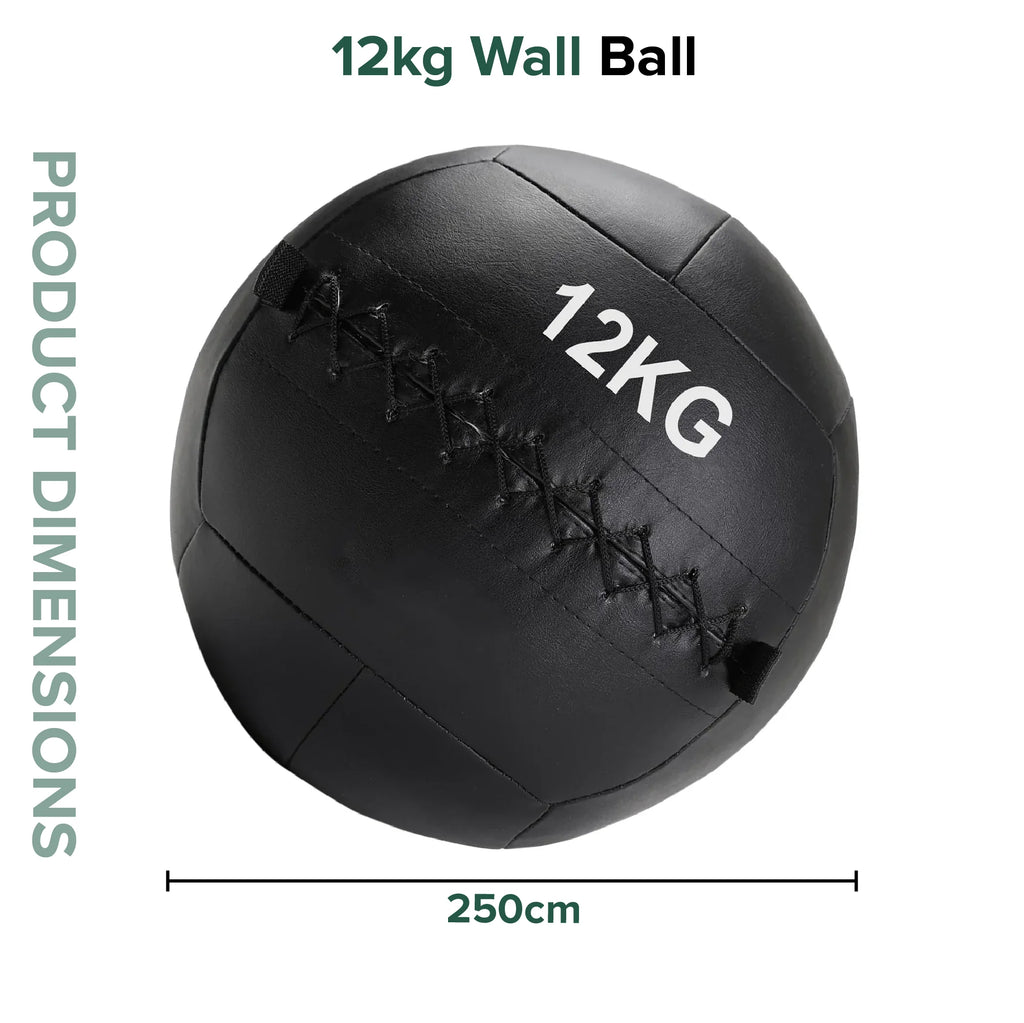 Black wall ball with '12KG' marking on a white background