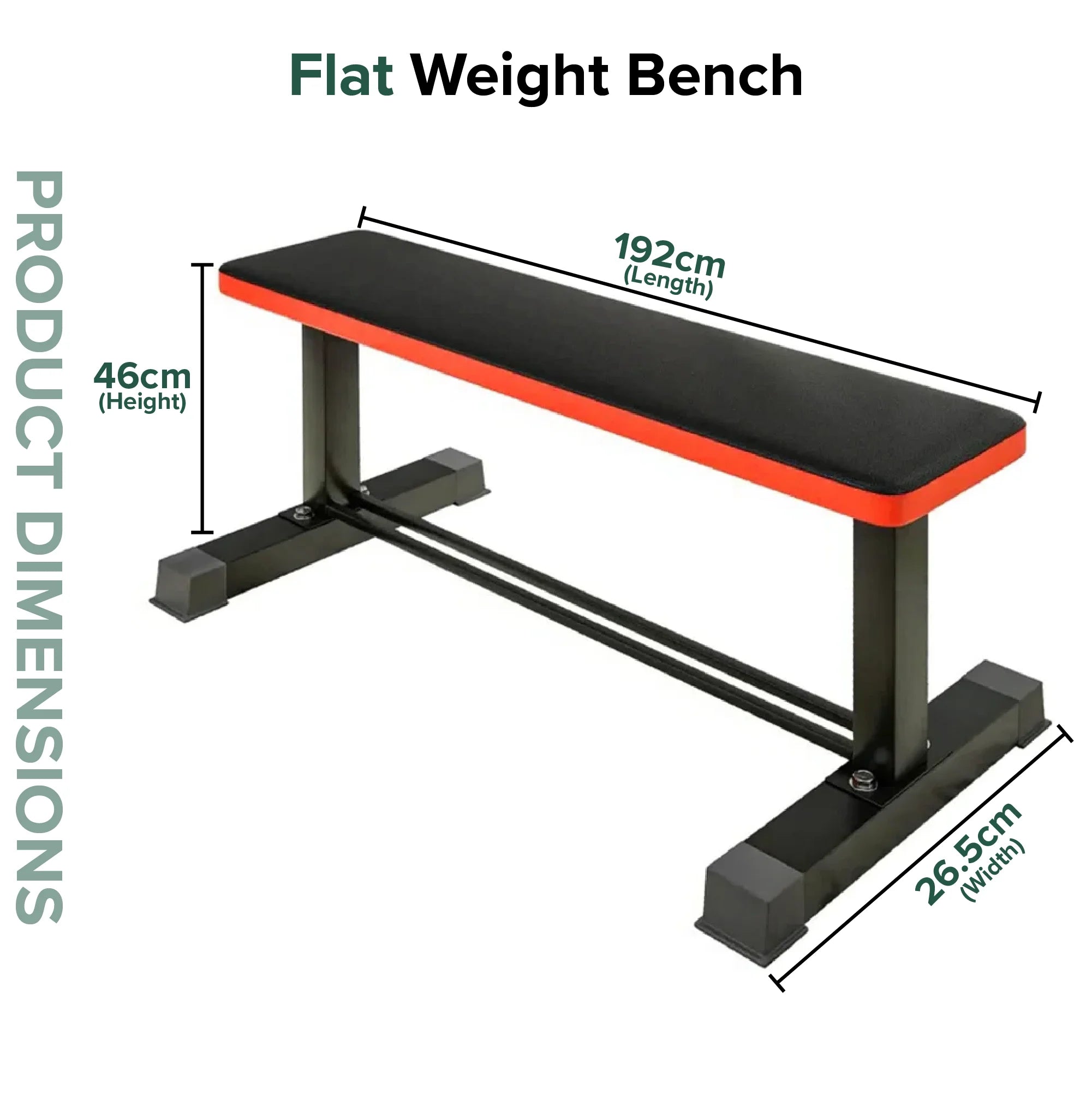 Flat weight bench with dimensions labeled on a white background