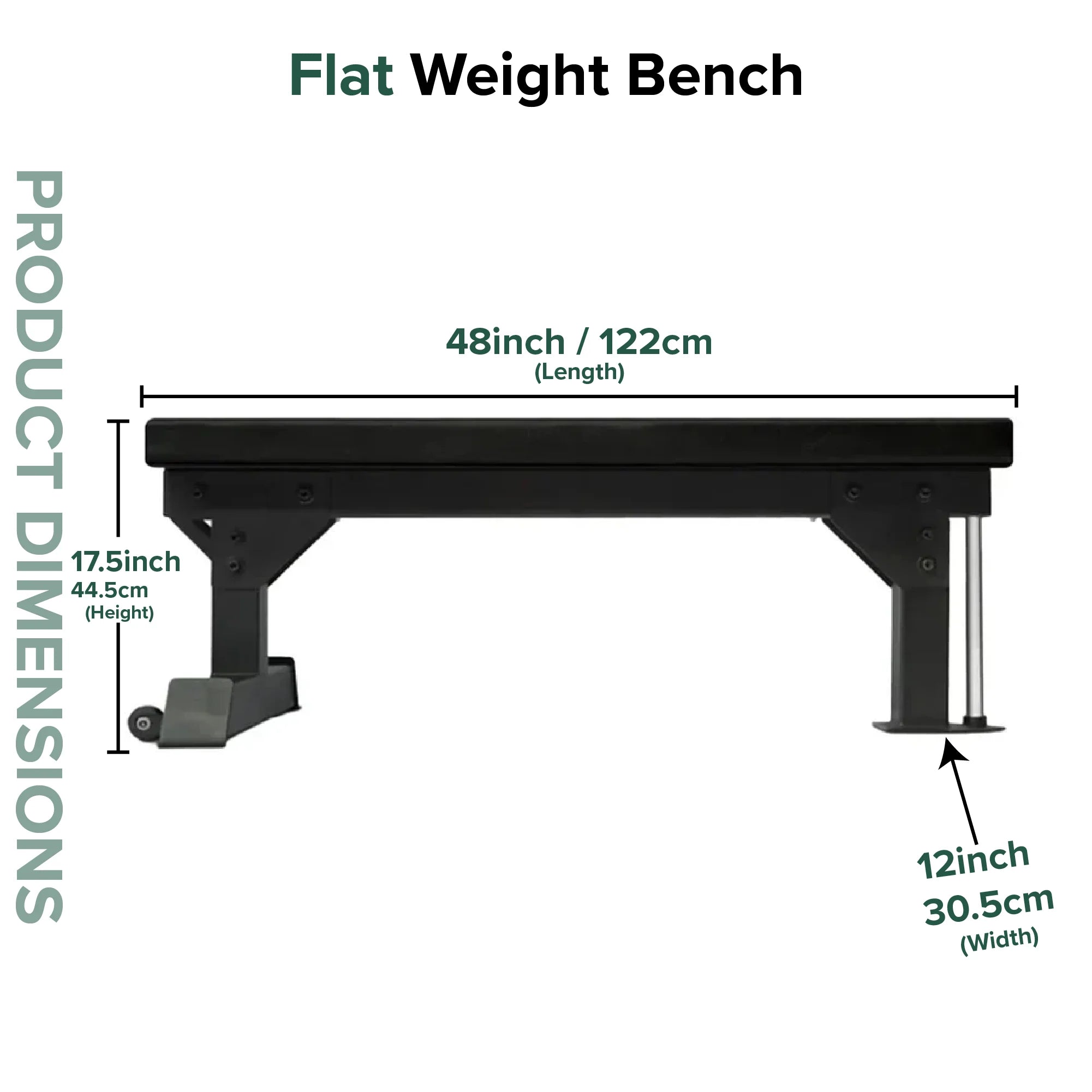 Flat weight bench with dimensions labeled on a white background