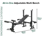 All-in-one adjustable multi bench with dimensions on a white background