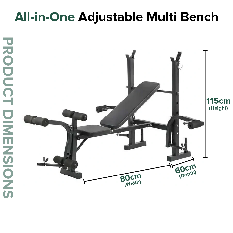 All-in-one adjustable multi bench with dimensions on a white background