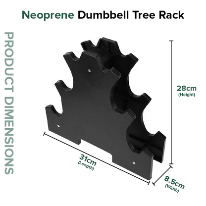 Neoprene dumbbell tree rack with dimensions on a white background