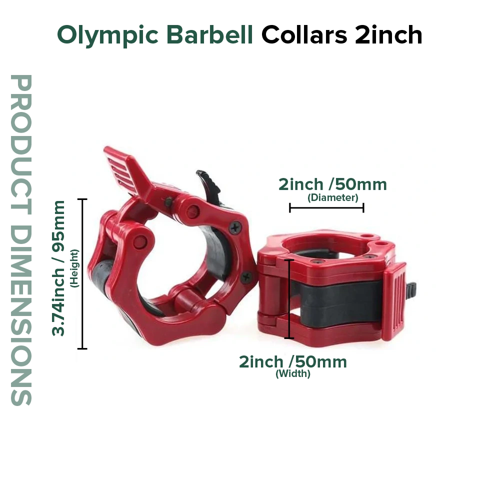 Red Olympic barbell collars with dimensions on a white background