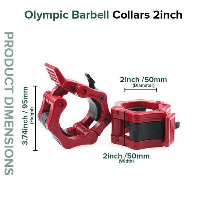 Red Olympic barbell collars with dimensions on a white background