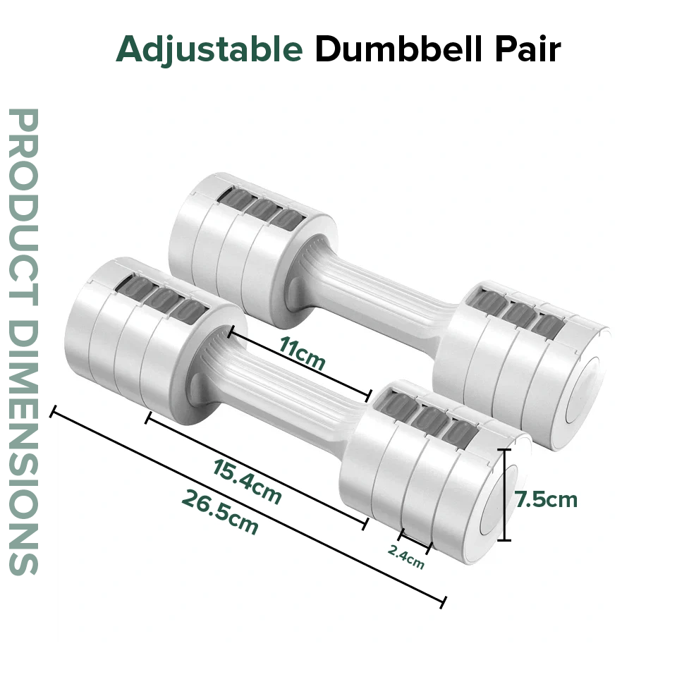 Adjustable dumbbell pair with dimensions on a white background