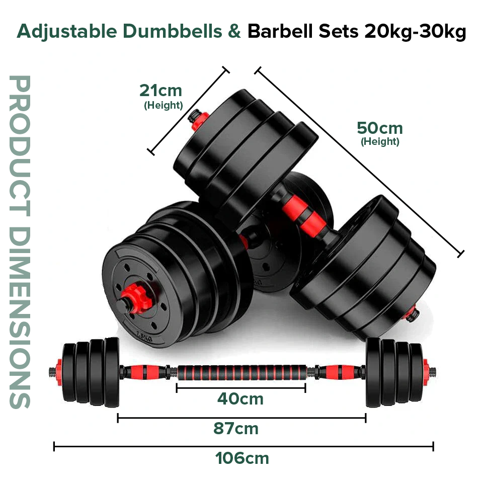 Adjustable dumbbells and barbell sets with dimensions on a white background