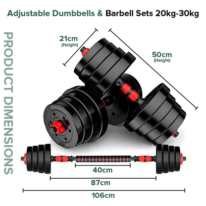 Adjustable dumbbells and barbell sets with dimensions on a white background
