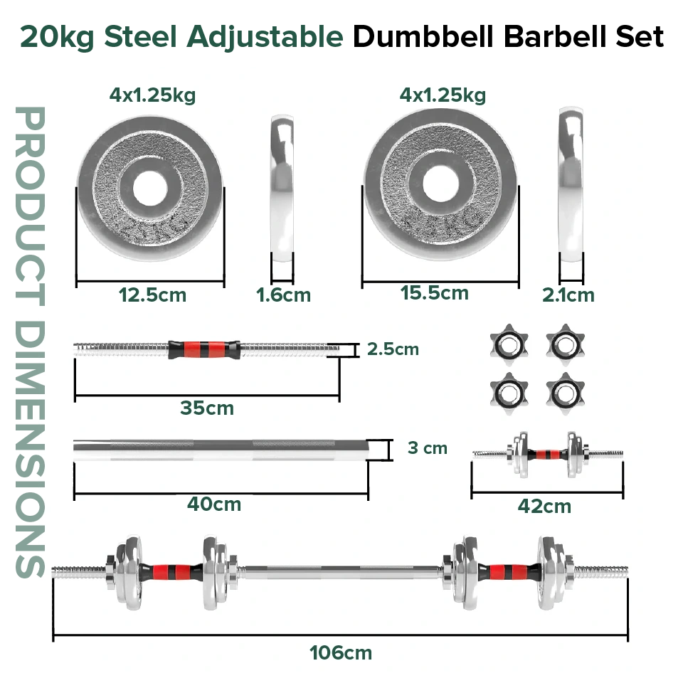 Product dimensions and specifications of a 20kg steel adjustable barbell on a white background.