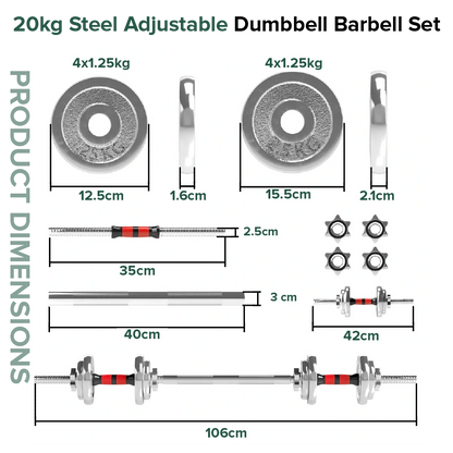 Product dimensions and specifications of a 20kg steel adjustable barbell on a white background.