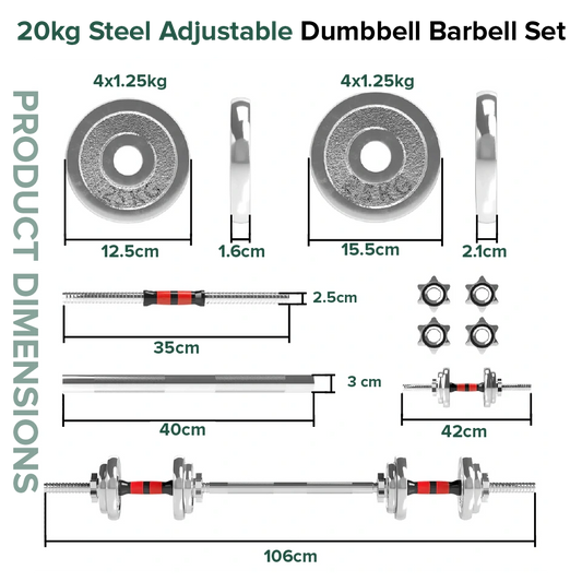 Product dimensions and specifications of a 20kg steel adjustable barbell on a white background.