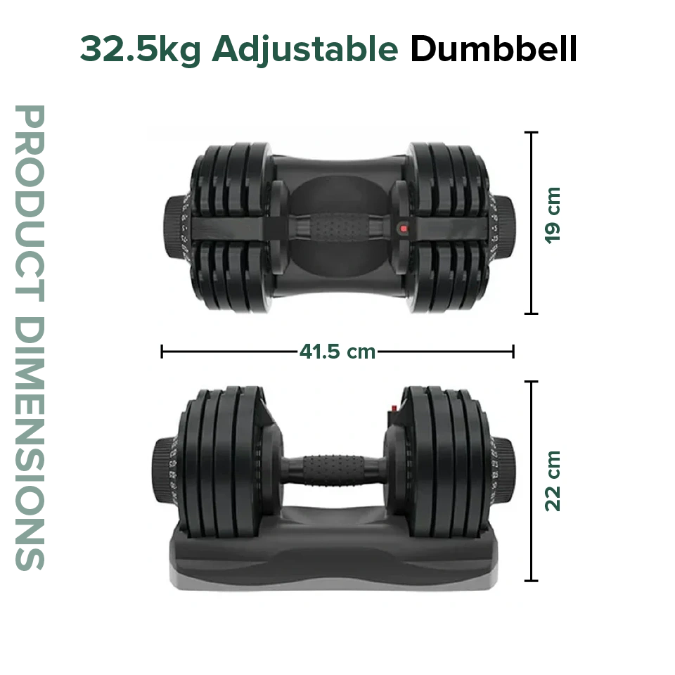 Pair of adjustable dumbbells with measurements on a white background