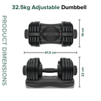 Pair of adjustable dumbbells with measurements on a white background
