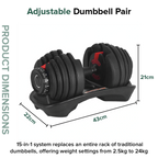 Adjustable dumbbell pair with product dimensions and weight capacity details on a white background.