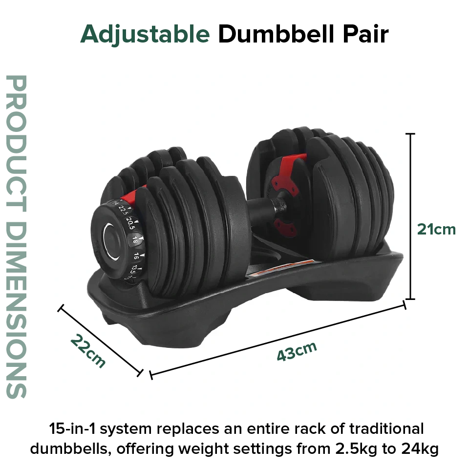 Adjustable dumbbell pair with product dimensions and weight capacity details on a white background.