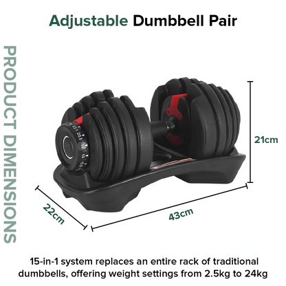 Adjustable dumbbell pair with product dimensions and weight capacity details on a white background.