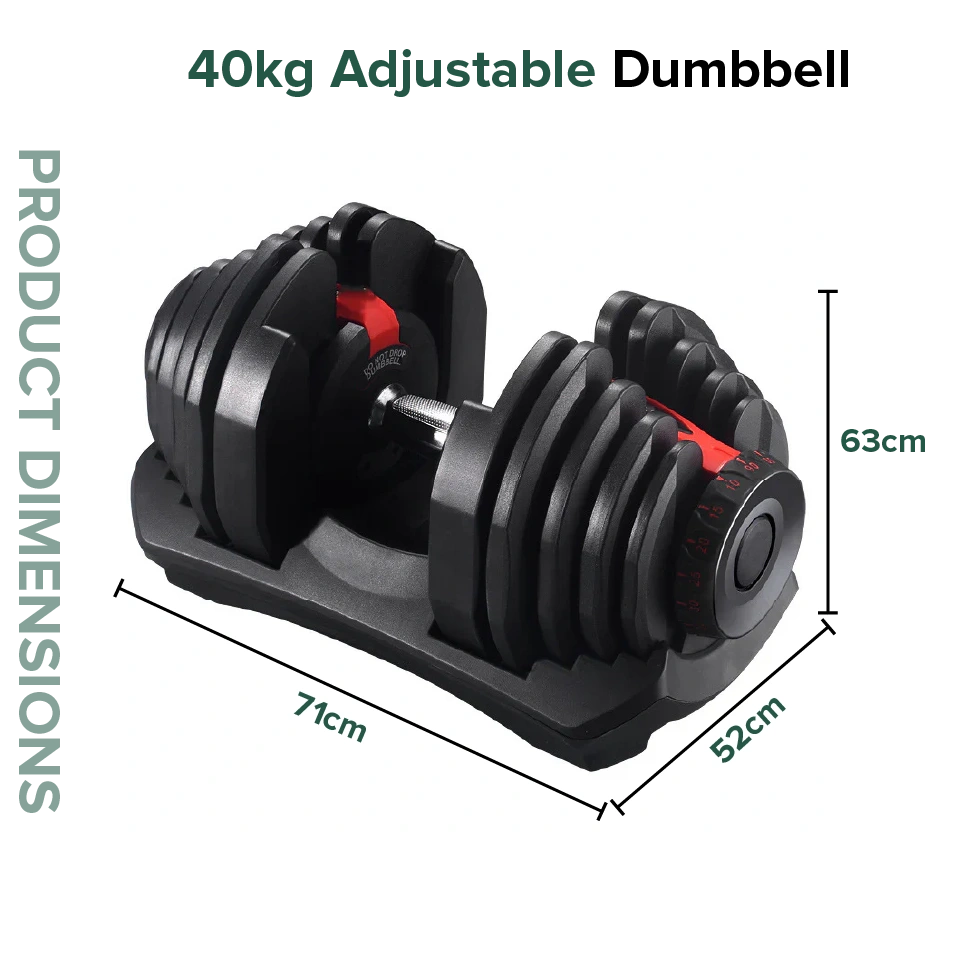 40kg adjustable dumbbell set with dimensions on a white background