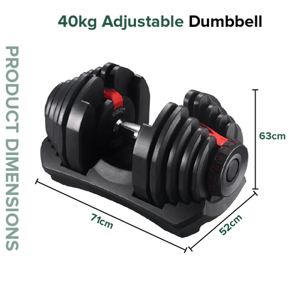 40kg adjustable dumbbell set with dimensions on a white background