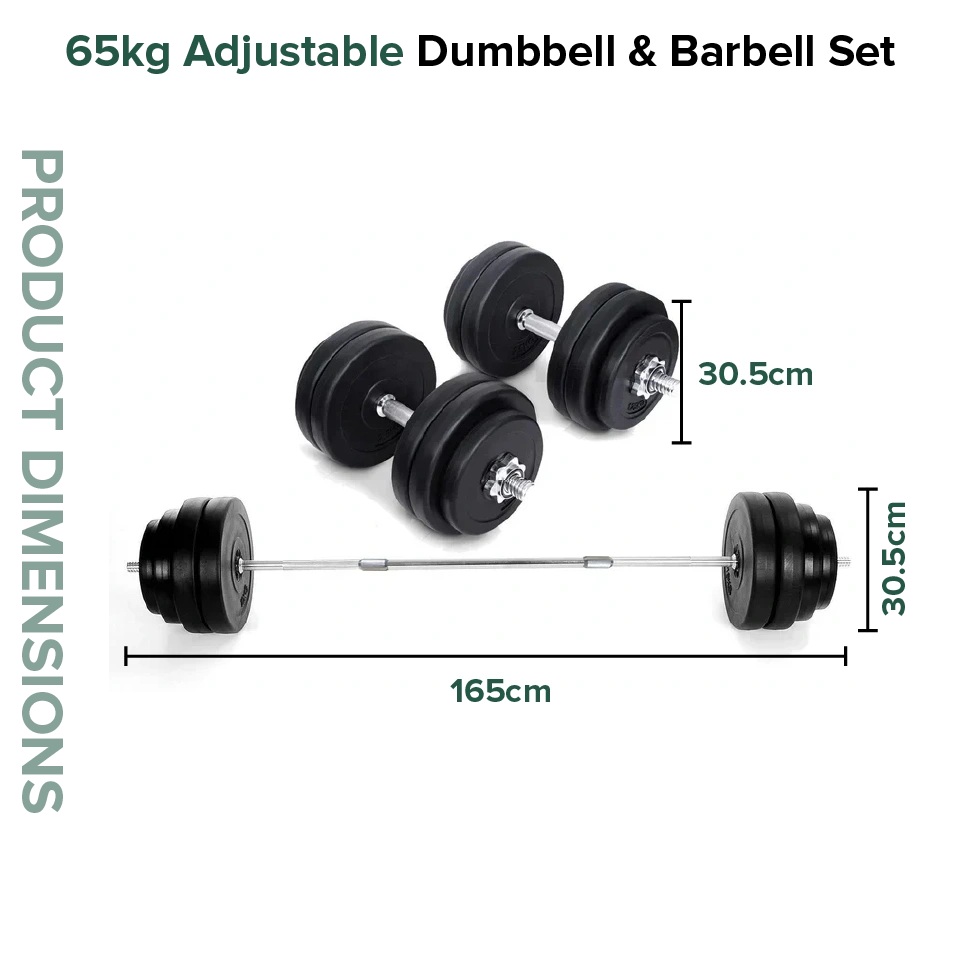 65kg adjustable dumbbell and barbell set with dimensions on a white background