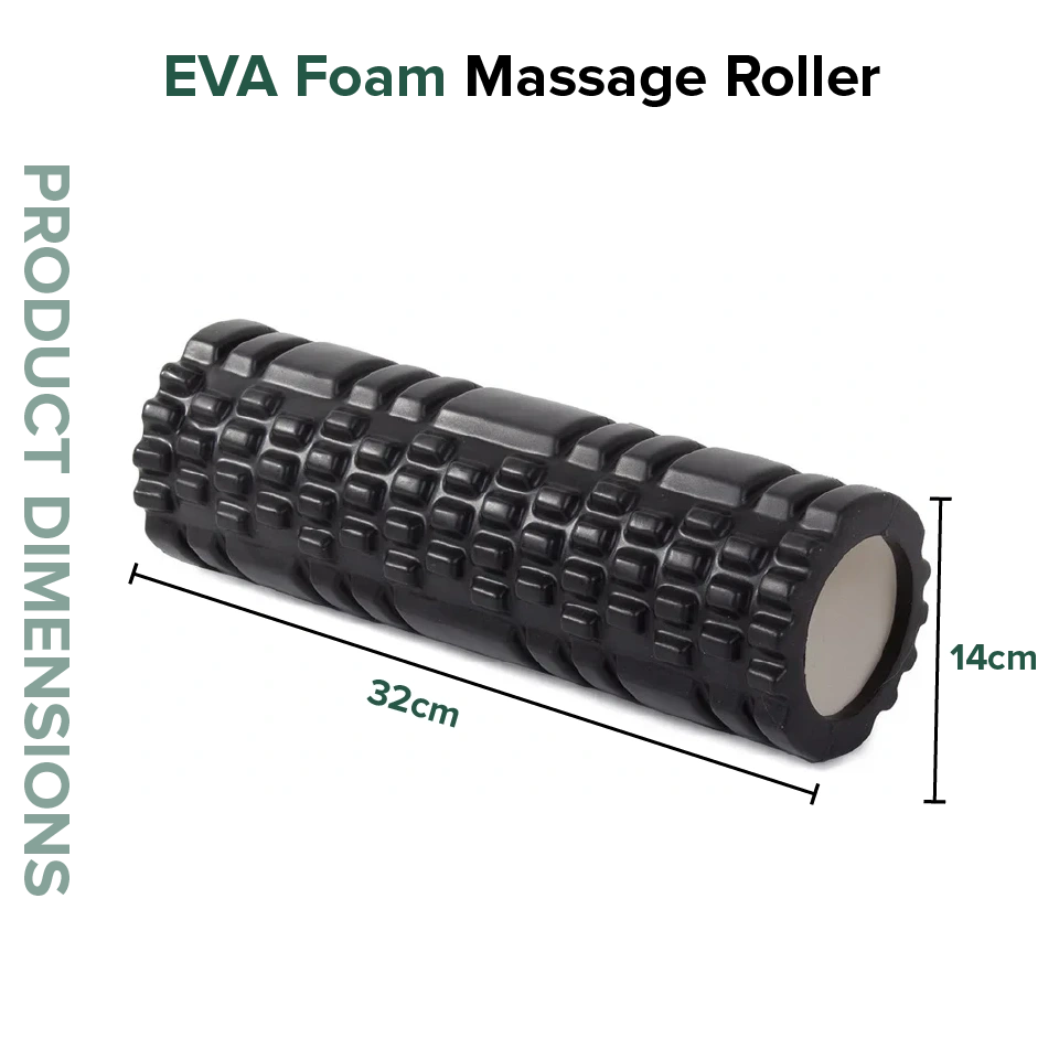 Black EVA foam massage roller with dimensions on a white background